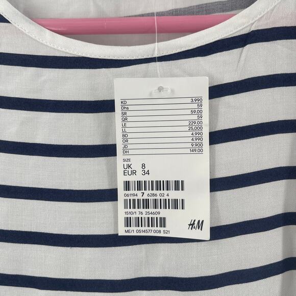 H&M L.O.GG Shirt Size 4 Women's Short Sleeve Stripes Nautical Navy White NWT - Picture 3 of 9